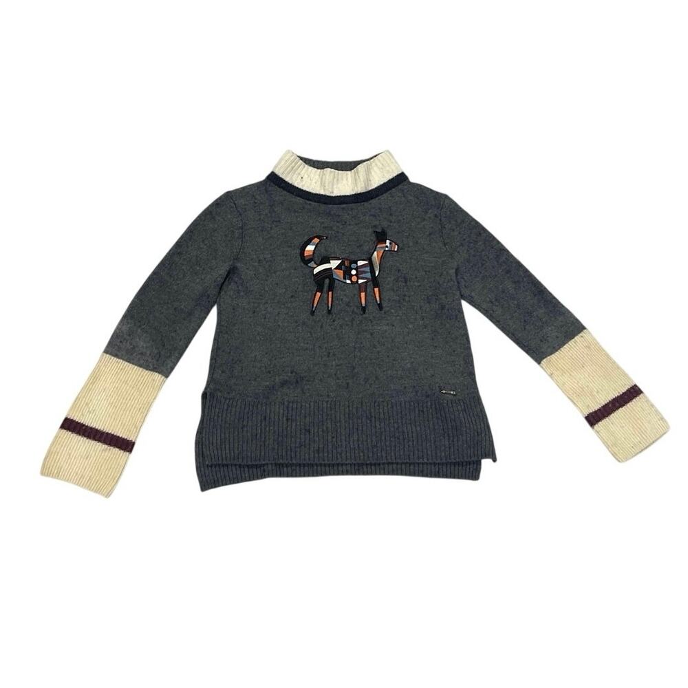 Ted Baker Bluela Knit Sweater with Applique SZ 3 Mock Neck Collar Wool Blend